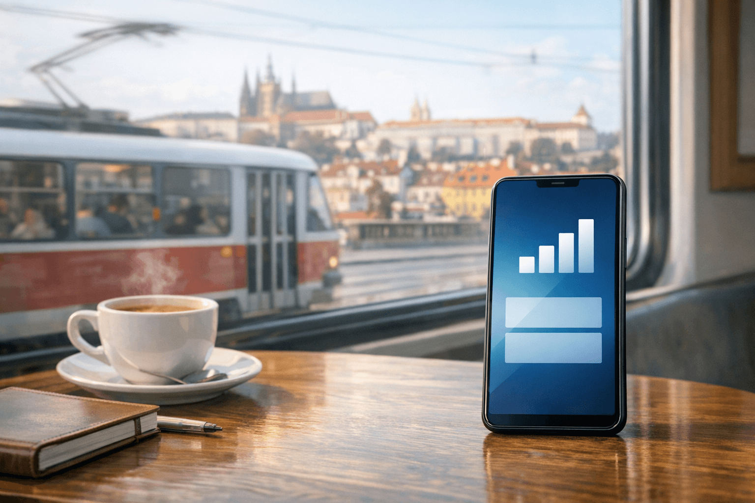 Telefon s mobilními daty v kavárně s pražskou tramvají za oknem