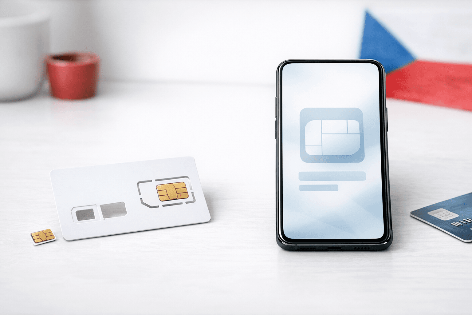 Telefon s eSIM vedle plastové SIM karty jako srovnání moderní předplacenky